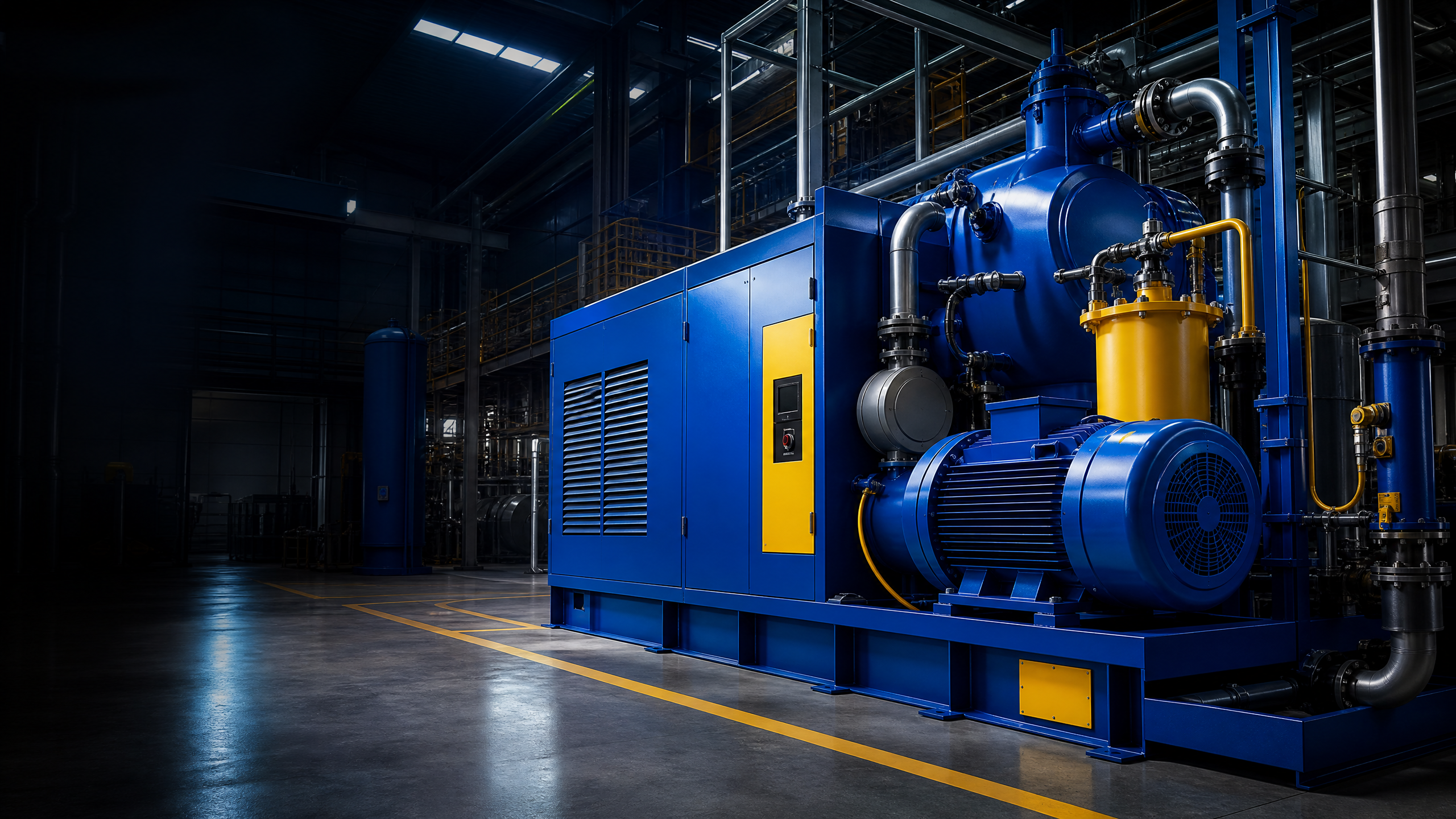 Industrial screw air compressor inside a manufacturing facility