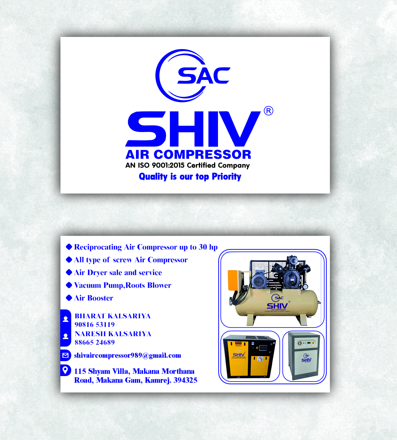 SHIV Air Compressor visiting card with contact details